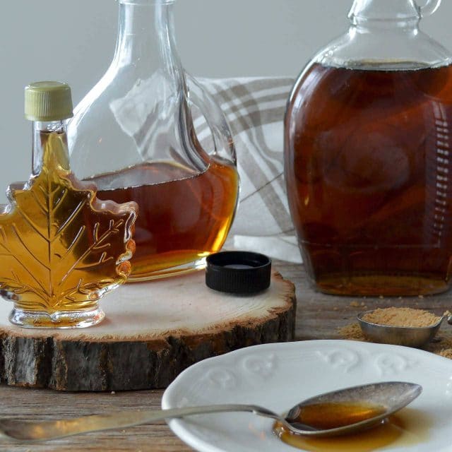 Bourbon maple balsamic vinegar in a glass carafe