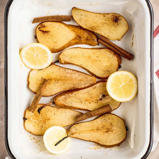 Pears roasted with cinnamon sticks and lemons