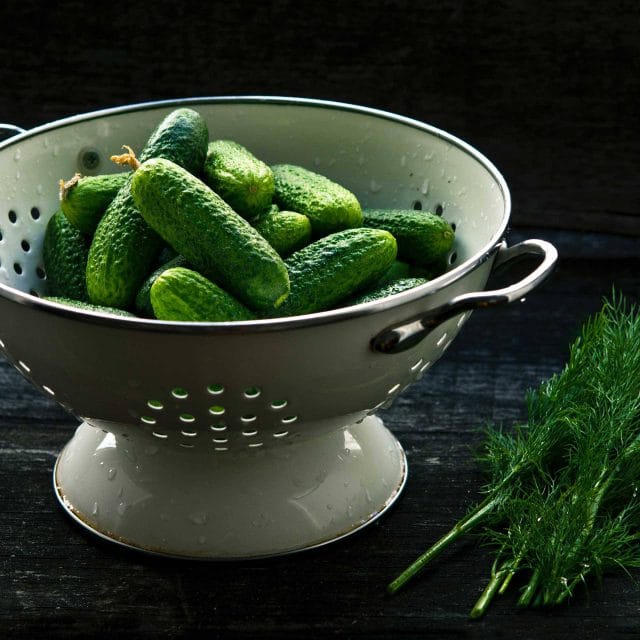 Colander full of small cucumbers next to a bunch of fresh dill