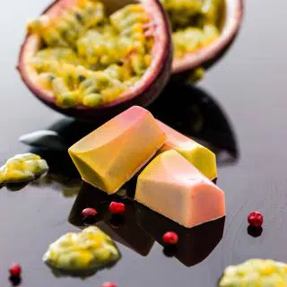 Passion fruit sliced in half and displayed