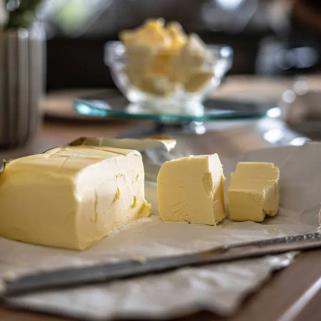 Sweet butter sliced into chunks in a glass bowl with the rest of the brick set in front next to a silver butter knife