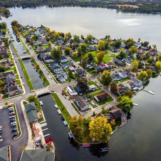 Aerial view of the Winona Lake canals and the Village At Winona