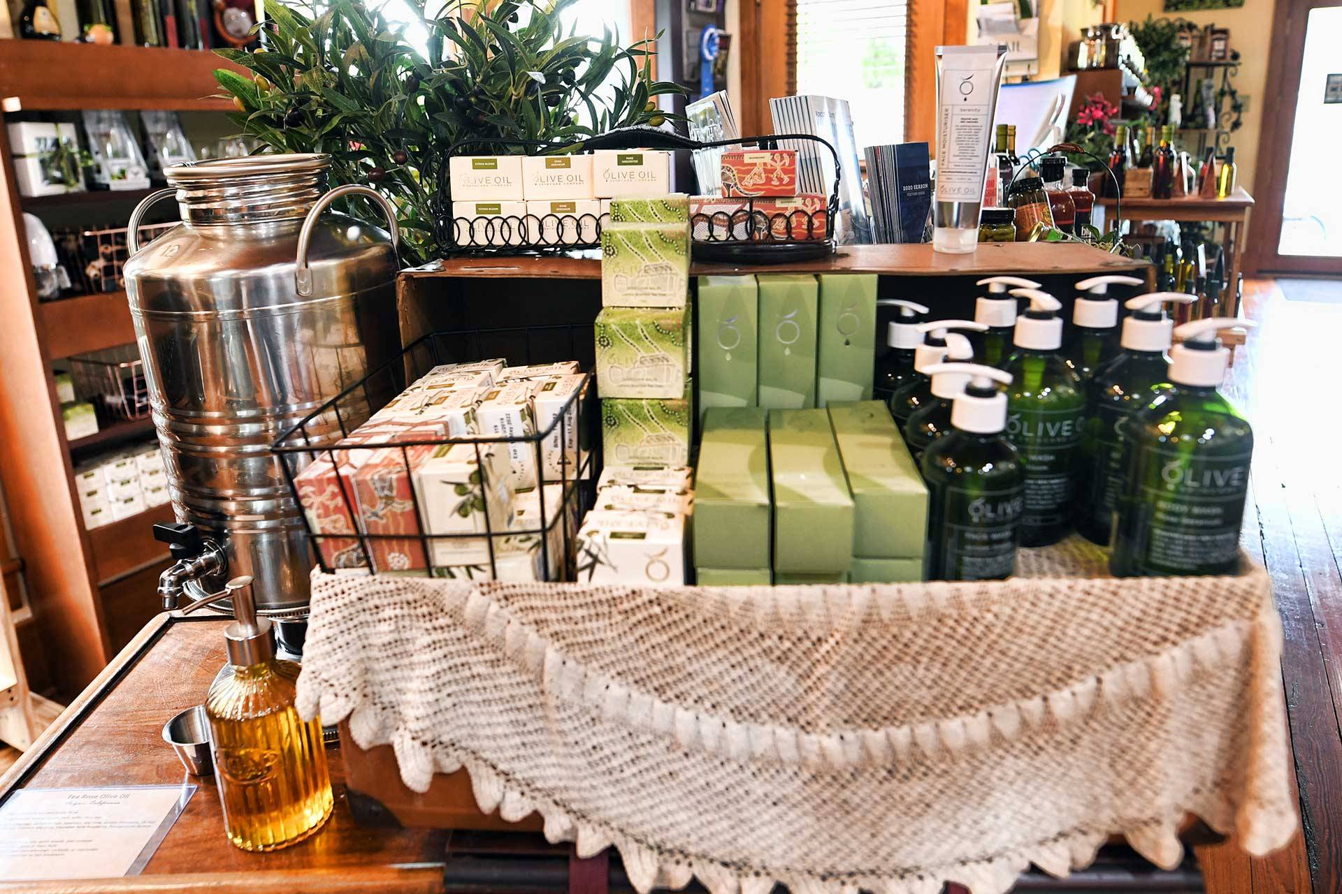 The Olive Oil Company skincare product display at The Olive Branch in Winona Lake, Indiana